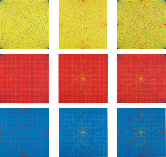 Lines In Color on Color From Corners Sides and Centers to Specific Points on a Grid (1978.02)