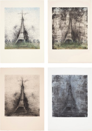 Paris Smiles; Paris Smiles in Darkness; Retroussage Eiffel Tower; and Drypoint Eiffel Tower (Williams College 218-221)