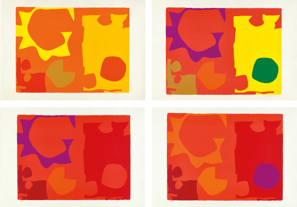 Six in Light Orange with Red in Yellow; Six in Vermilion with Green in Yellow; Six in Vermilion with Red in Red; and Six in Vermilion with Violet in Red