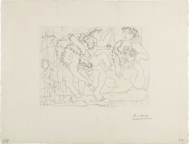 Le repos du sculpteur devant une bacchanale au taureau (Resting Sculptor Before a Bacchanal Bull), plate 56 from La suite Vollard (Bloch 165; Baer 318)