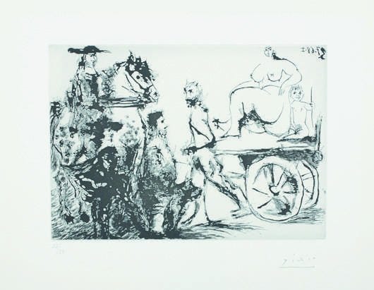 347 Series: Don Quichotte, Sancho et un 'Mousquetaire', regardant passer dulcinee sur une charrette tiree par un homme masque, plate 198 (Bloch 1678, Baer 1694)