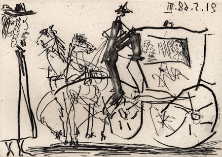 Pablo Picasso - Man Viewing Couple in Horse Drawn Carriage, from Series 347 (Bloch, 1583; Baer, 1599)