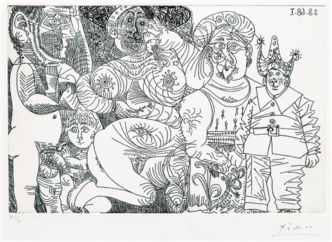 Femme au Chapeau et a oeillet, avec homme enturbanne, clown, putto at spectateur (Bloch, 1716 Baer, 1735)