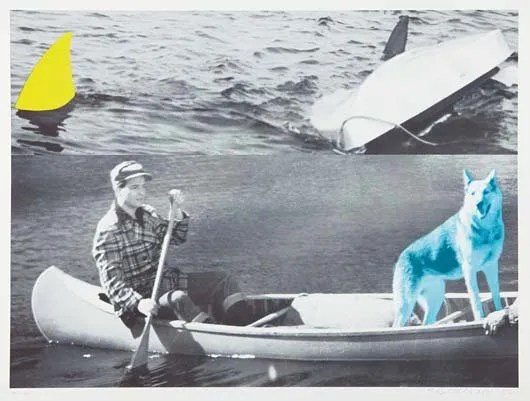 Man, Dog, (Blue) Canoe, Shark Fins (One Yellow) Capsized Boat