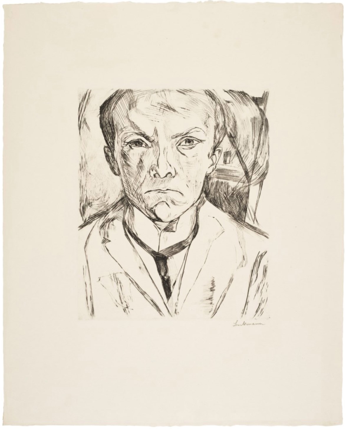 Selbstbildnis von vorn, im Hintergrund Hausgiebel (Frontal Self-Portrait with House Gable in Background) (Hofmaier 125)