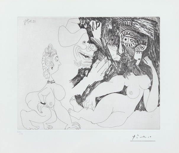 Homme-chien et femme, avec une petite bourgeoise stupefaite (Man-dog and Woman, with a Stupefied Little Bourgeoise), plate 32 from 156 Series (B. 1887, Ba. 1893)